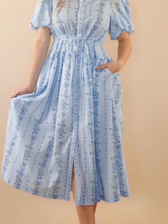 Peach Love Dresses & Skirts - Light Blue Floral Midi Dress with Puff Sleeves Peach Love Brand